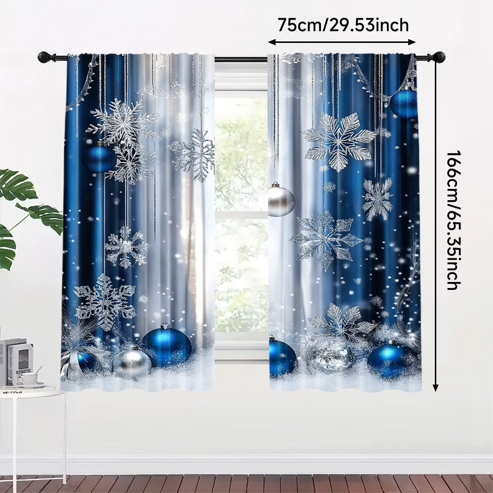 Blue Festive Curtain Set Includes 2 Polyester Digital Printed Rod Pocket Drapes for Living Room Kitchen Dining
