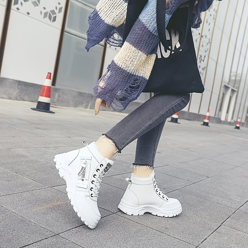 Botas altas de invierno para mujer con forro de piel sintética, impermeables y con cordones blancas