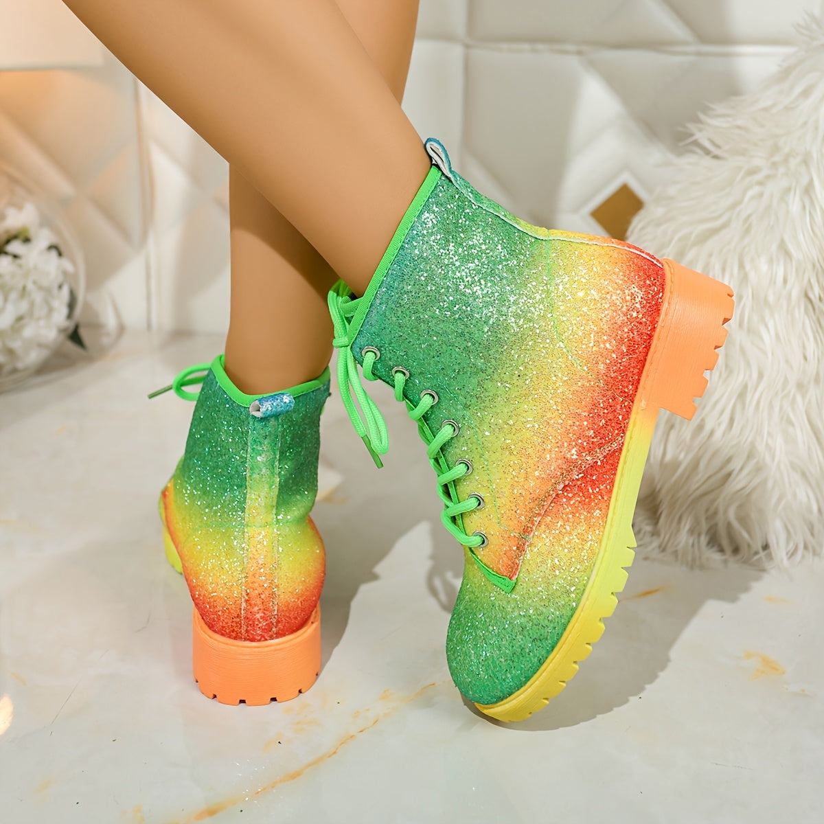 Women's Colorful Gradient Print Platform Ankle Boots with Glitter Accents