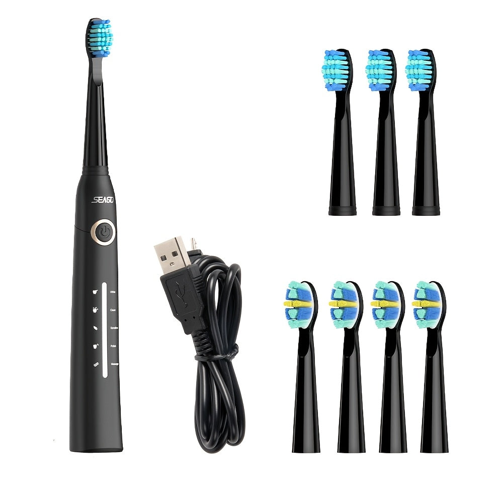Cepillo de dientes eléctrico para adultos negro y blanco, recargable, 8 cabezales de cepillo