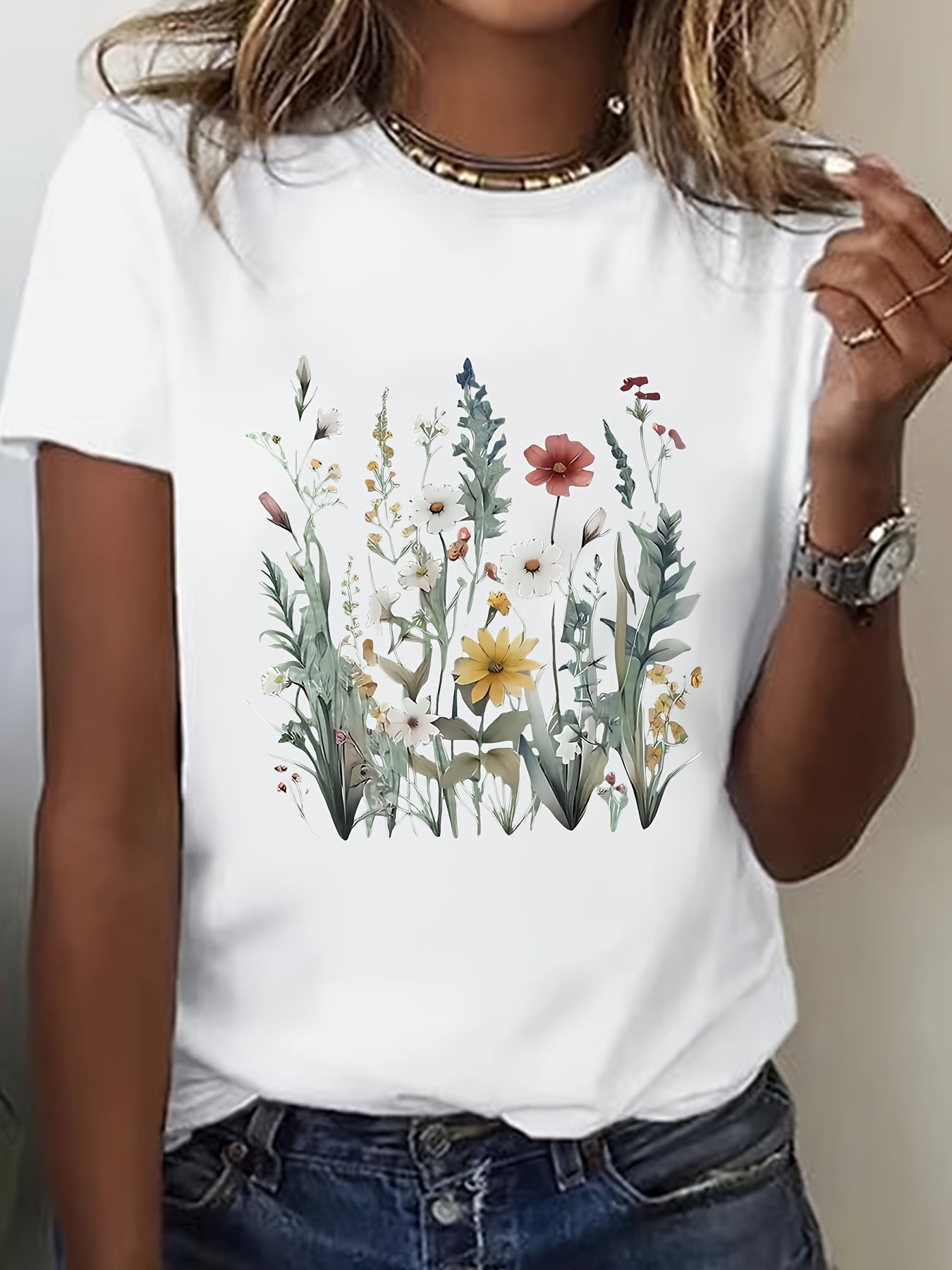 Women's Plus Size Floral Print T-Shirt White Short Sleeve Casual Top
