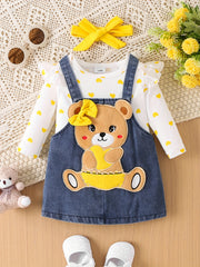 Girls' Knit Romper Set with Denim Skirt and Polka Dot Top for All Seasons