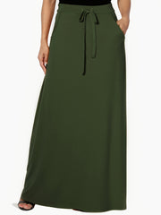 Women's Maxi Skirt Green Solid Color Elastic Waist Pockets Polyester