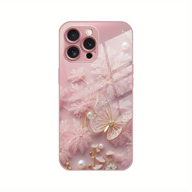 Pink Butterfly Pattern Tempered Glass Phone Case for iPhone 11 12 13 14 15 16 Series XR XS X 7 8 Plus