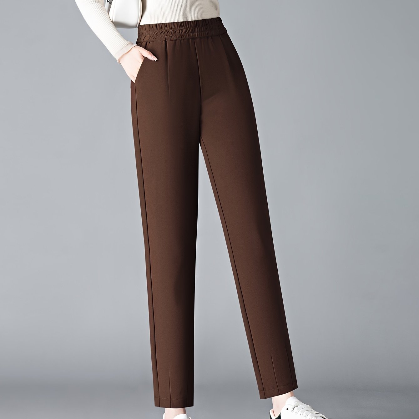 Women's Slimming High-Waist Harem Pants Brown Elastic Waist Straight Leg