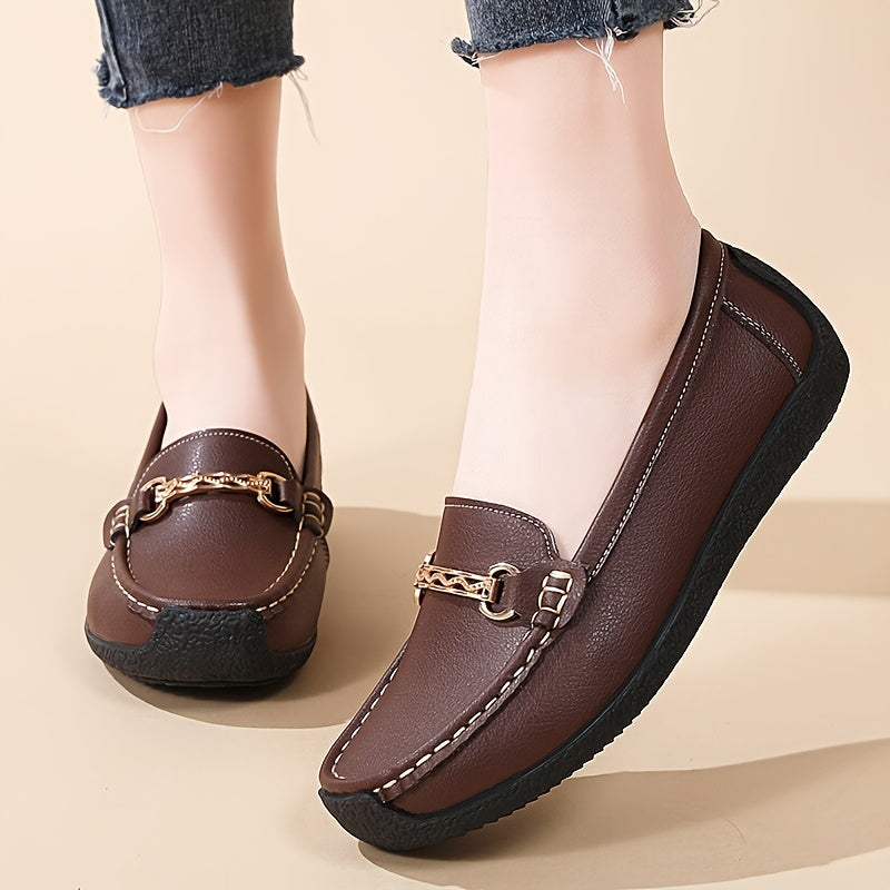 Women's Faux Leather Slip-On Loafers with Golden Chain Accents for Casual All-Season Use