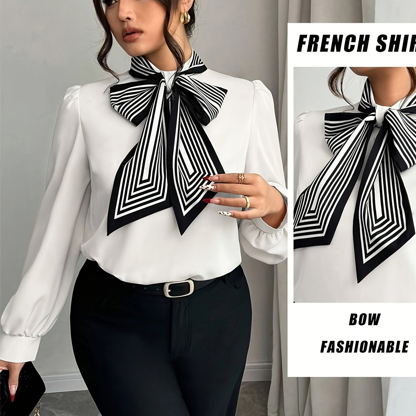 Women's Long Sleeve White Shirt With Bow Tie Spring Autumn Fashion