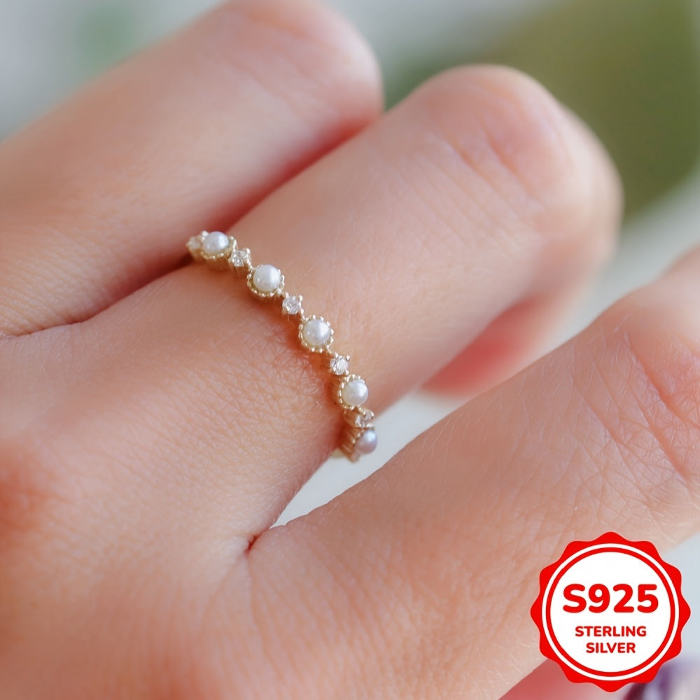 Sterling Silver Ring for Women Minimalist Pearl Zirconia Gold-Plated Jewelry