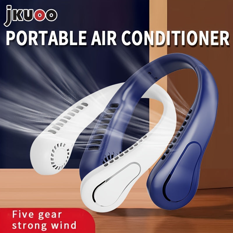 Portable Neck Fan with 5-Speed Strong Wind USB Rechargeable Lithium Battery Adjustable Silicone Strap Outdoor Travel Sports