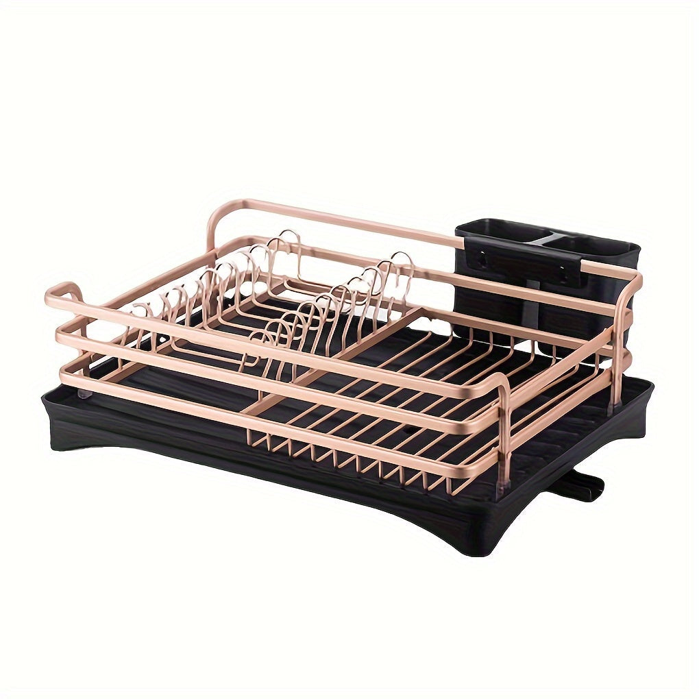 Aluminum Dish Drying Rack with Cutlery Holder Drip Tray Kitchen Organizer