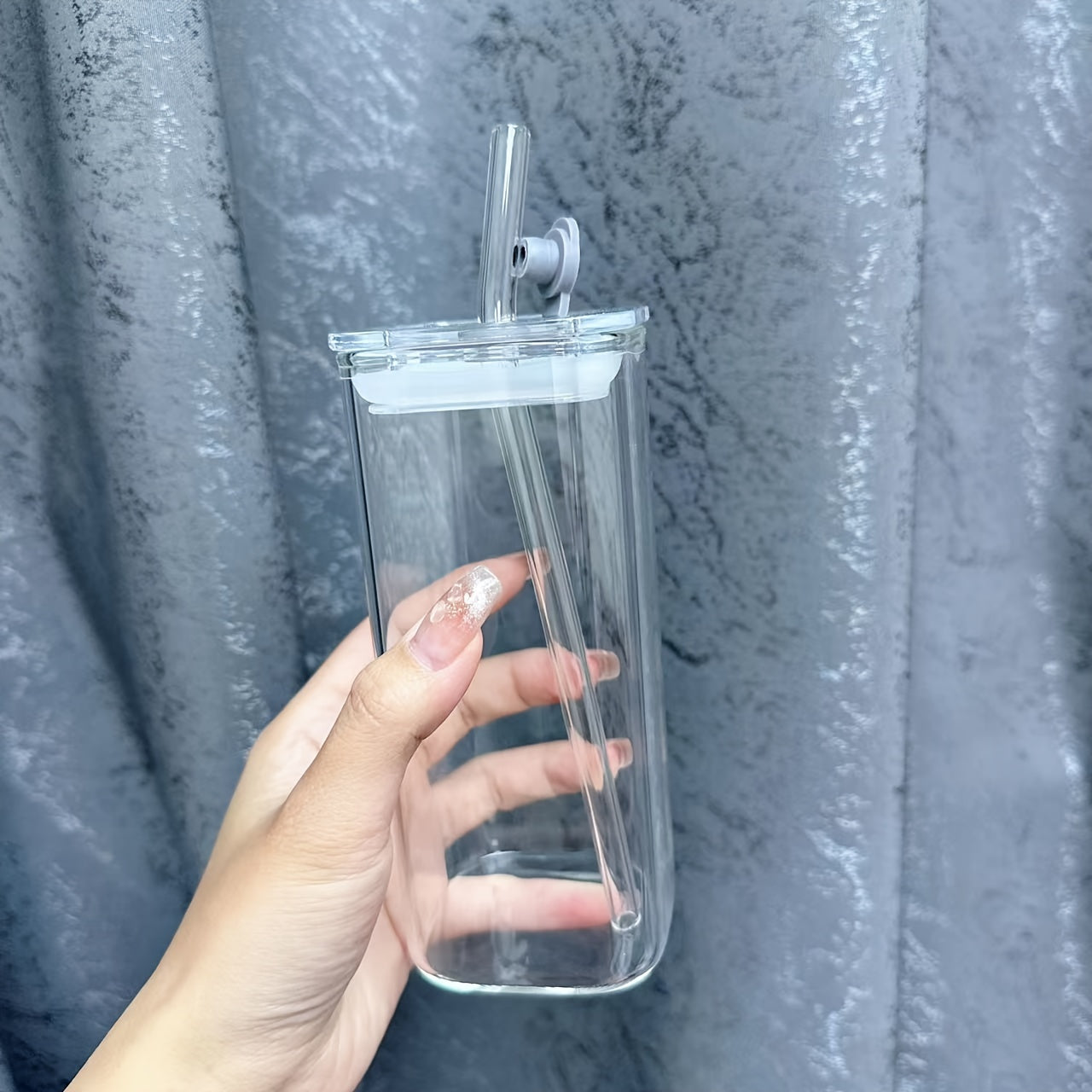 Square Glass Coffee Mug 400ml with Lid and Straw Clear Drinkware for Iced Coffee