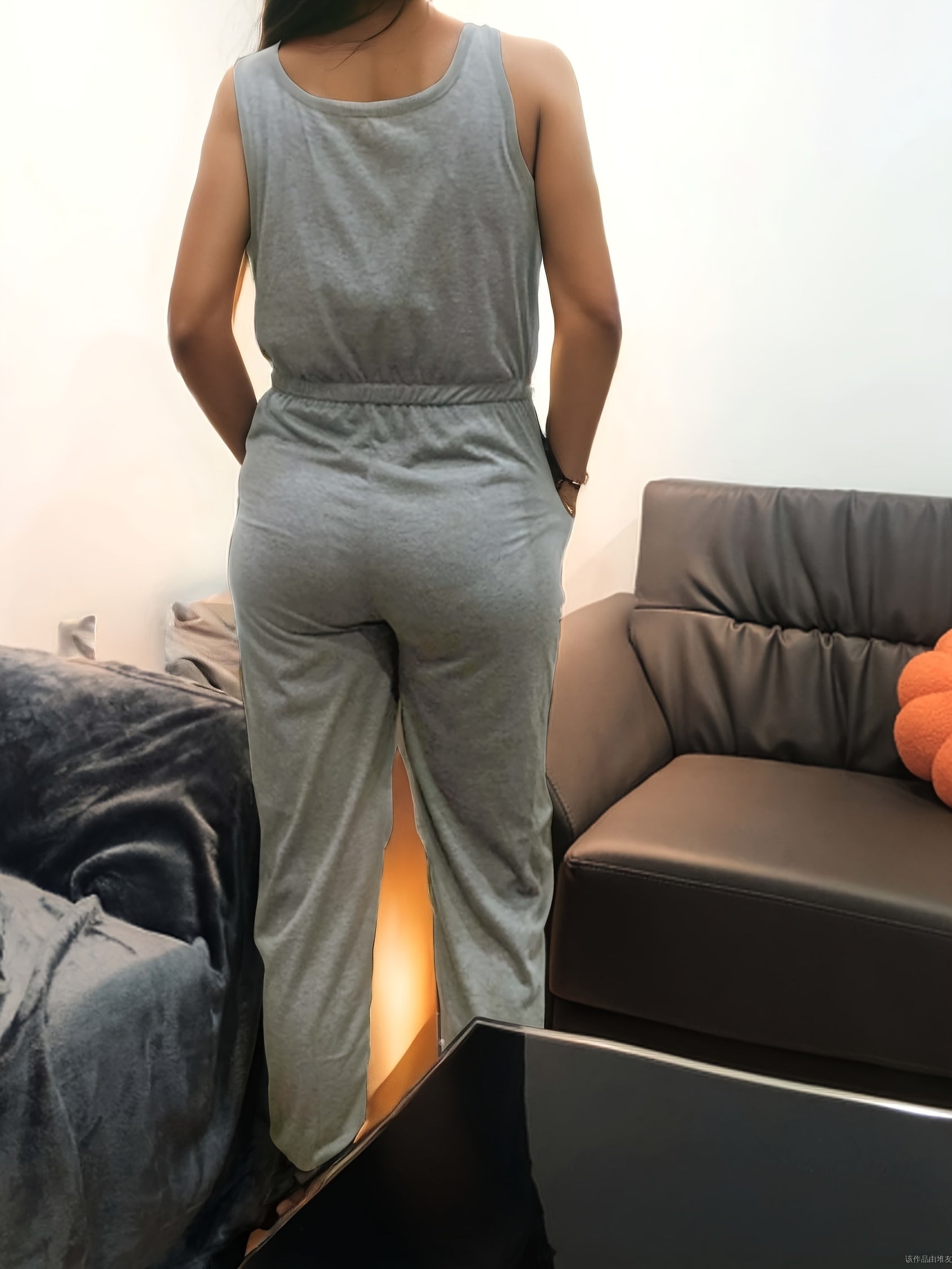 Women's Gray Sleeveless Jumpsuit with Tied Foot Casual Home and Outdoor Wear