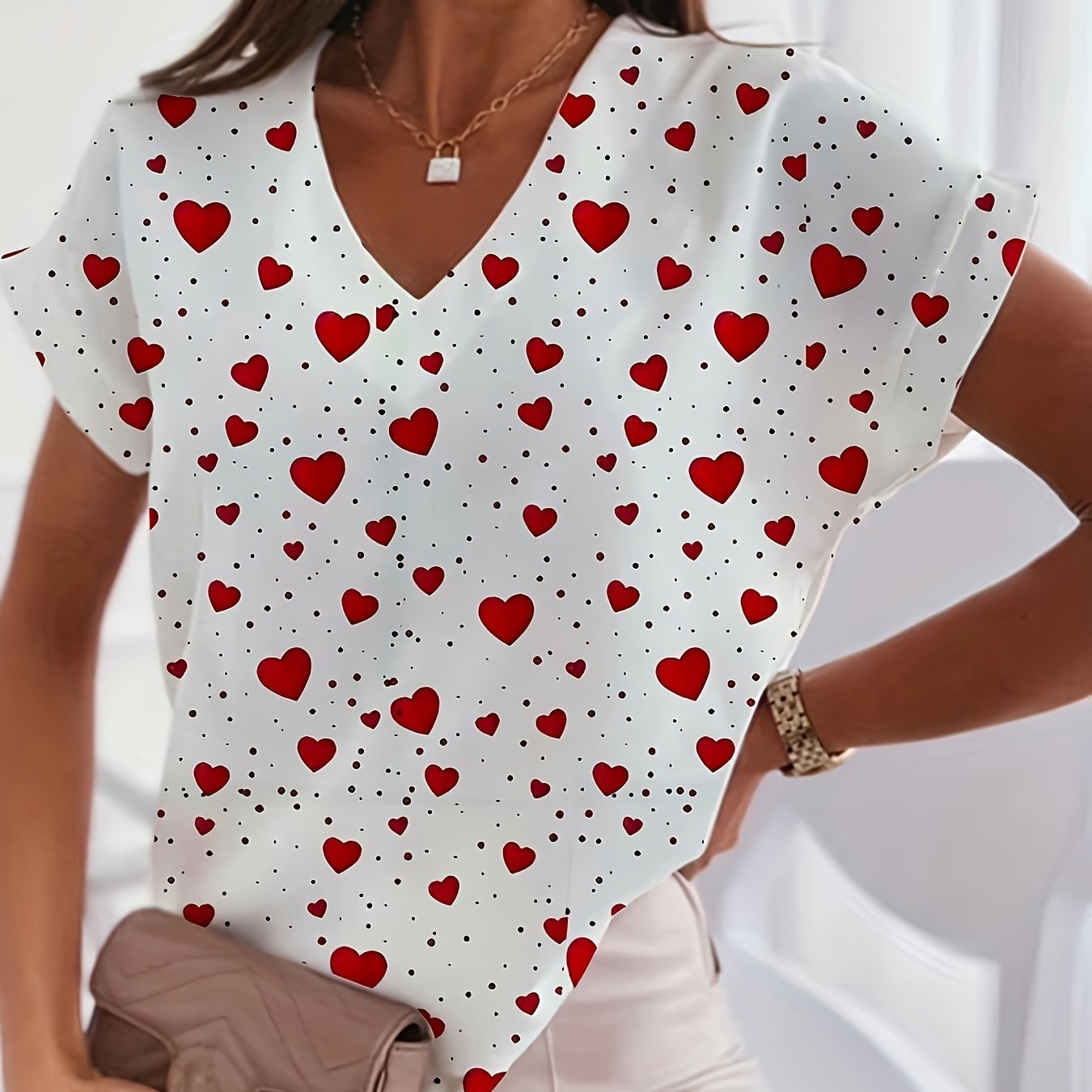 Women's Summer V-Neck T-Shirt with Red Heart Print Short Sleeve Breathable Polyester Blend