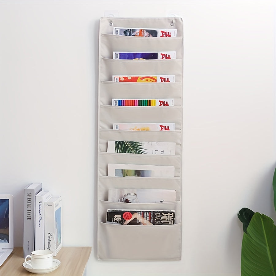 Organizador de almacenamiento en lienzo de pared con múltiples bolsillos para revistas y suministros de oficina