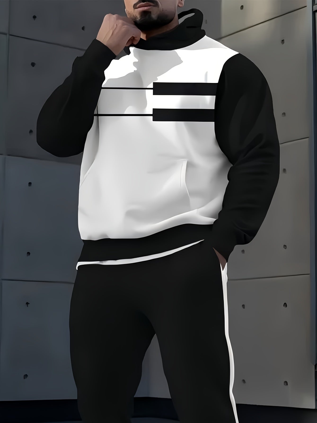 Men's Color Block Hoodie with Kangaroo Pocket Casual Fall Winter Knit Polyester