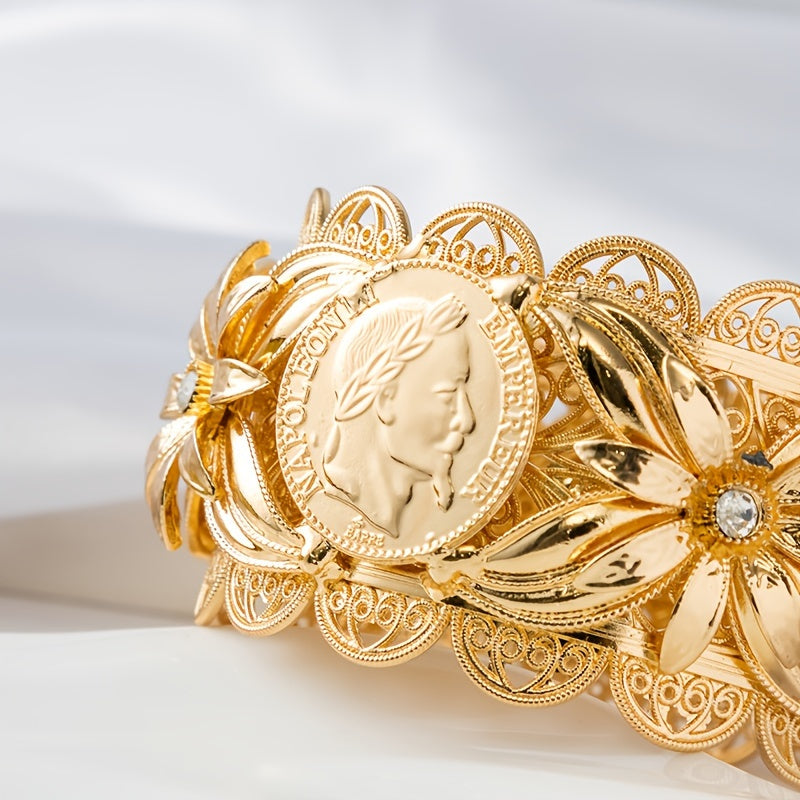 Gold-Plated Bridal Bangle with Floral and Coin Design for Women Wedding Party