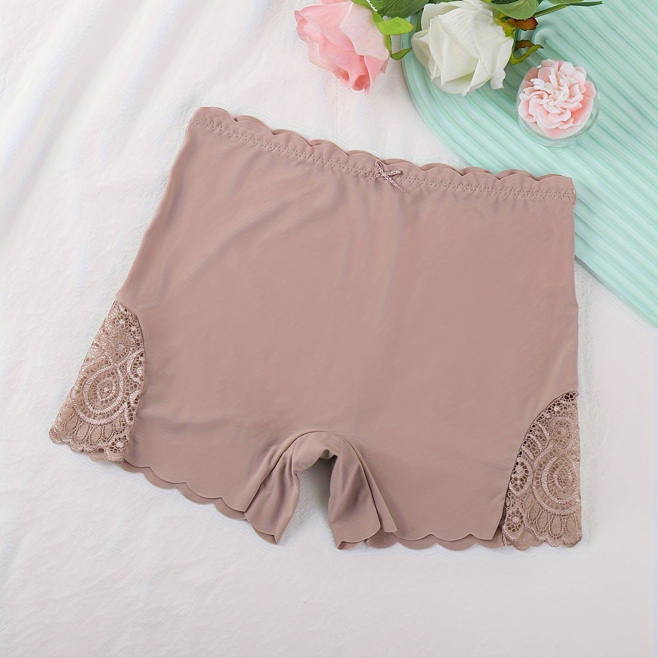 Black Nylon Blend Boyshort Panties for Women with Lace Detail Mid-Rise Non-See-Through