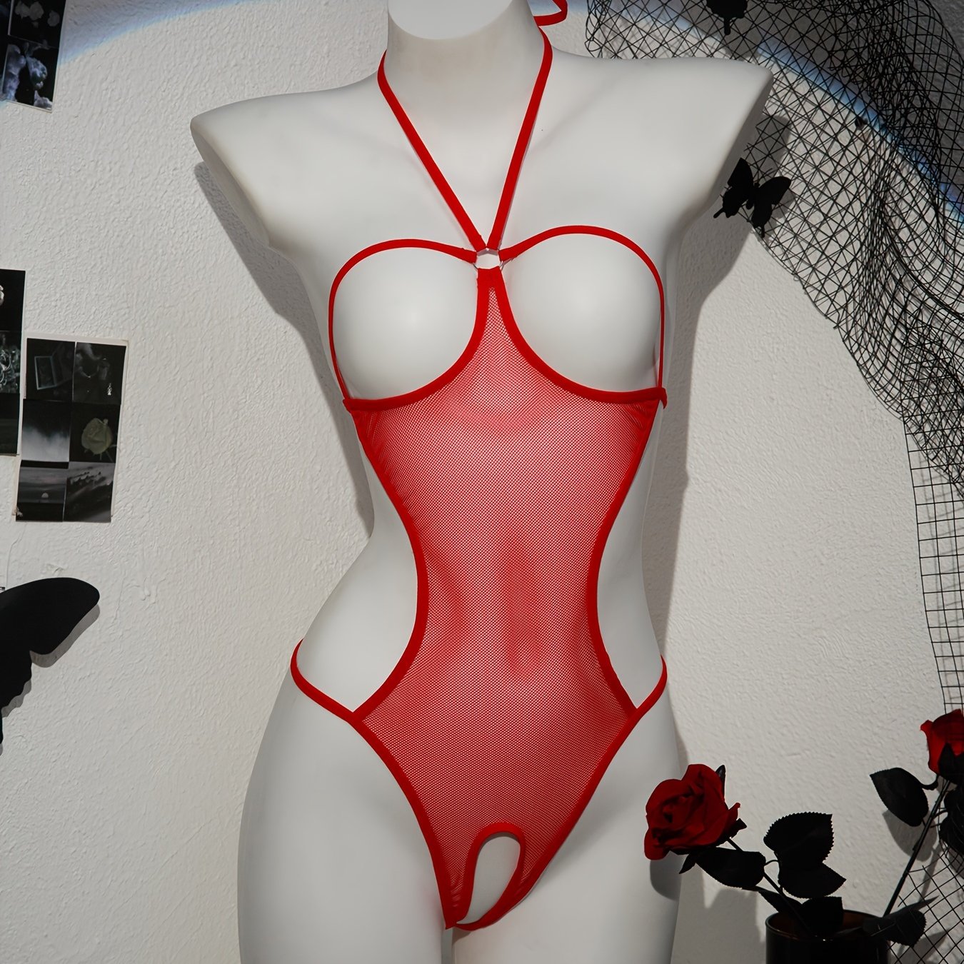 Women's Lace-Up Bodysuit with Halter Neck Semi-Sheer Lingerie