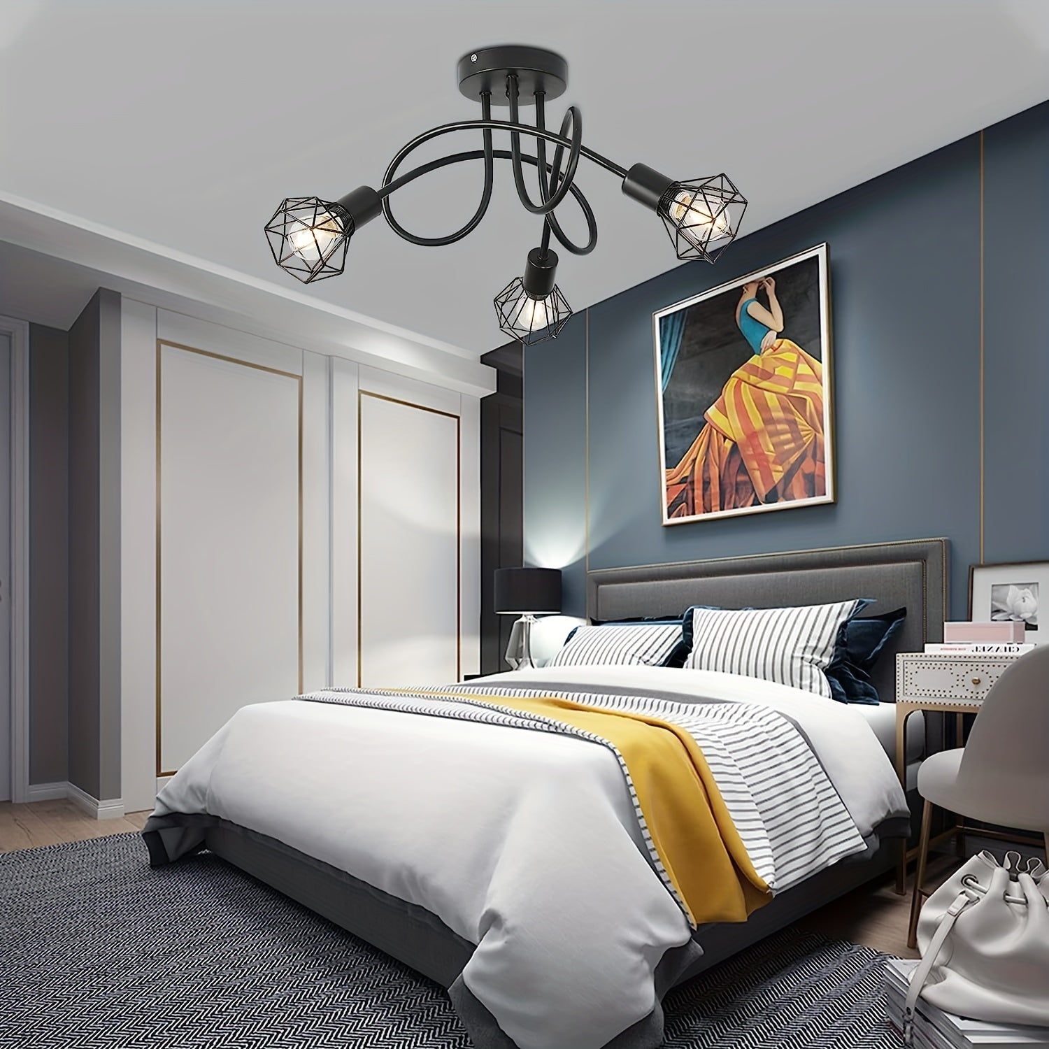 Lámpara de techo de metal negro con 3 luces, base E14, semi empotrada para dormitorio, sala de estar, comedor