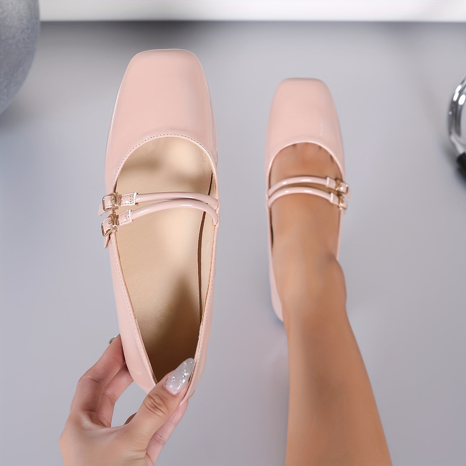 Women's Square Toe Flat Shoes Solid Color Double Buckle Flats
