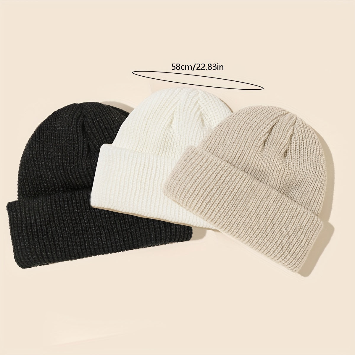 Conjunto de 3 gorros de punto con ribete de acrílico en negro, blanco y gris, unisex