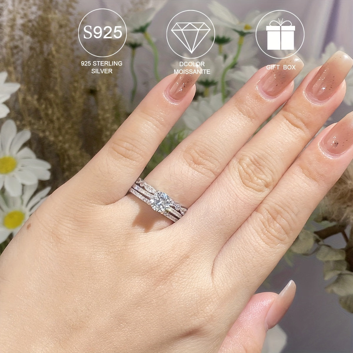 Sterling Silver Stack Ring for Women with Moissanite 2-3ct Gift Box