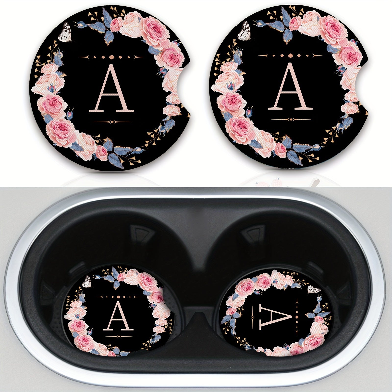 Unisex Rubber Car Coasters 2 Pack Waterproof Floral Monogram Drink Holders