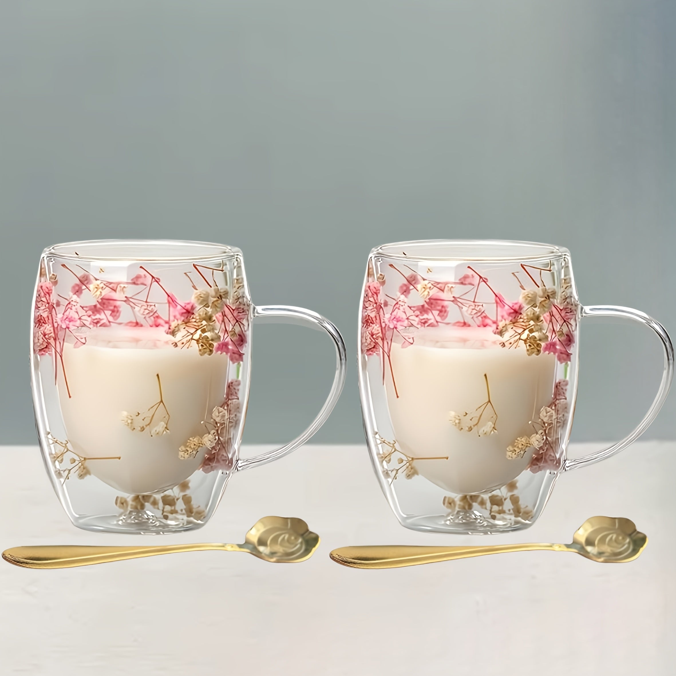 Set of 2 Floral Double Wall Glass Mugs 11.83 oz Hot Beverages Gift