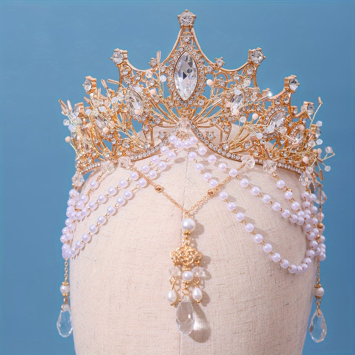 Handmade Rhinestone Crown with Beads and Faux Pearl Pendant for Wedding Hair Accessories