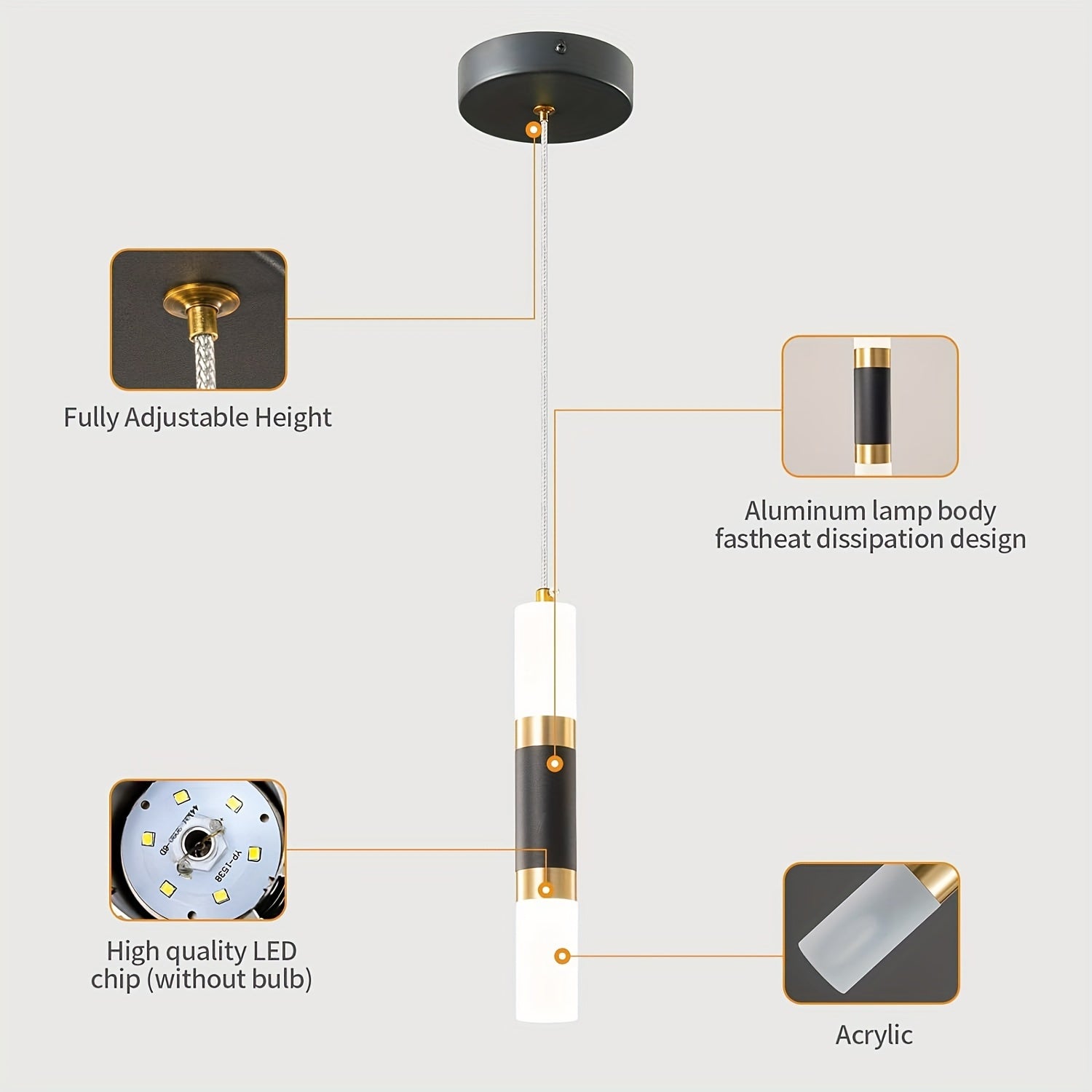 Black and Gold LED Mini Pendant Light for Kitchen Island and Bedroom Modern Acrylic Shade