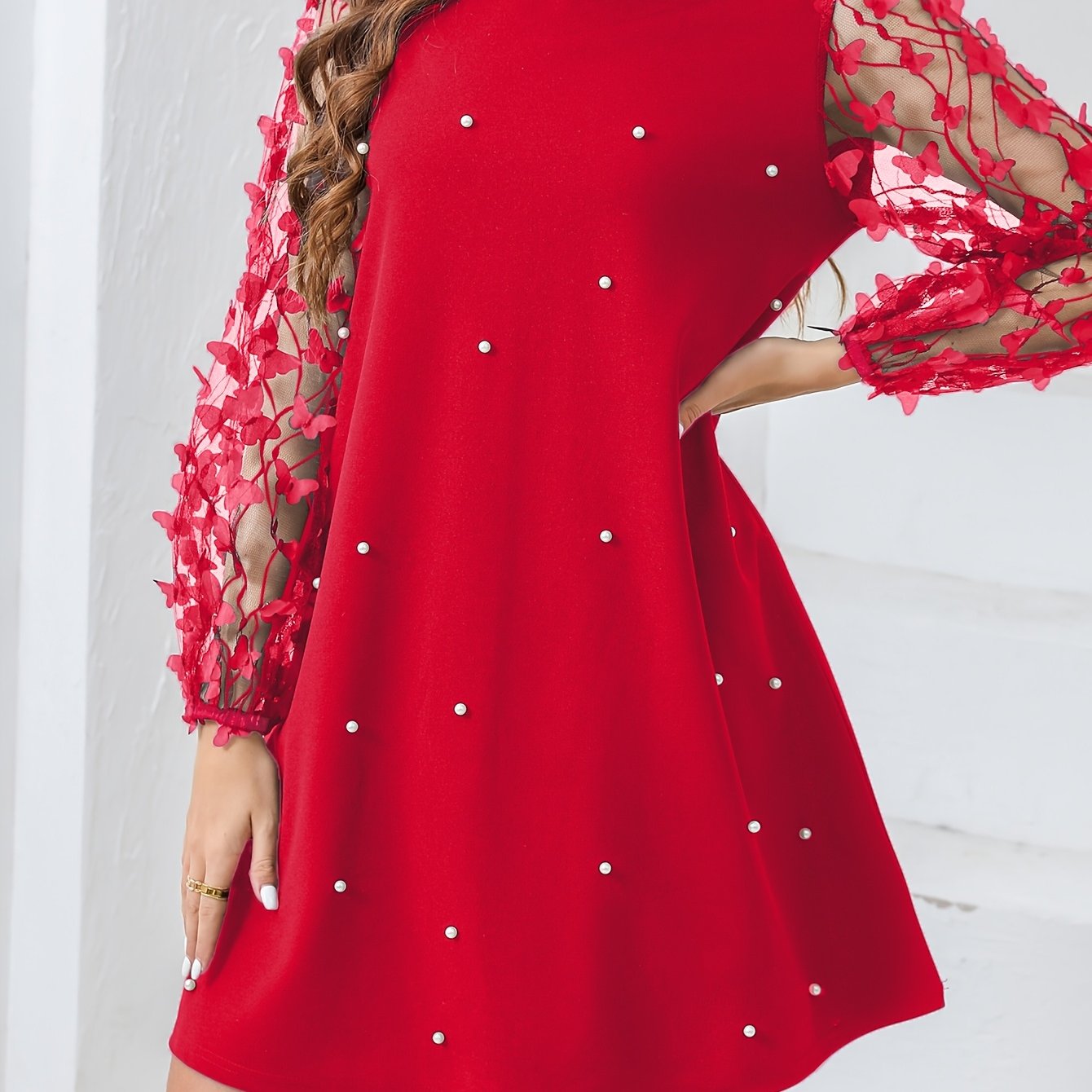 Women's Plus Size Mesh Patchwork Faux Pearl Dress