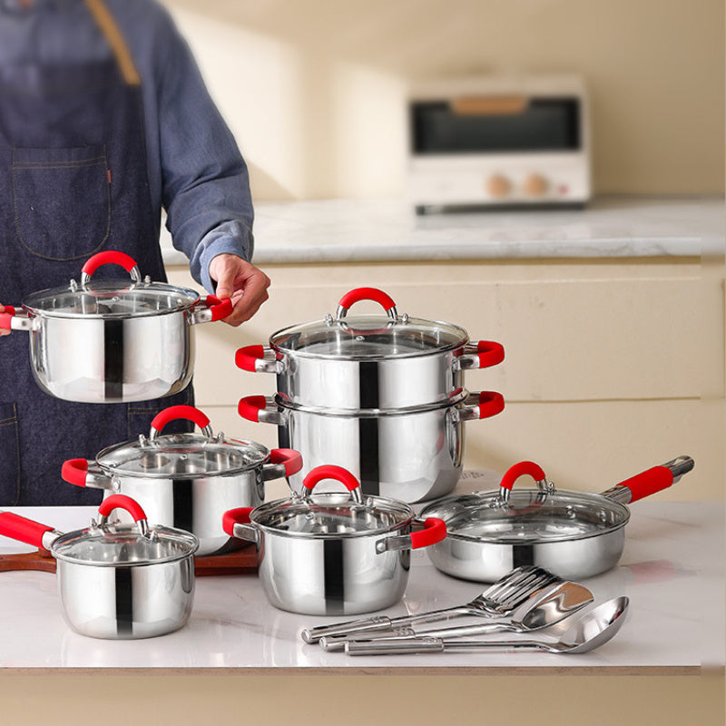 16-Piece Stainless Steel Pot Set with Silicone Handles, Large Capacity, Versatile Cookware