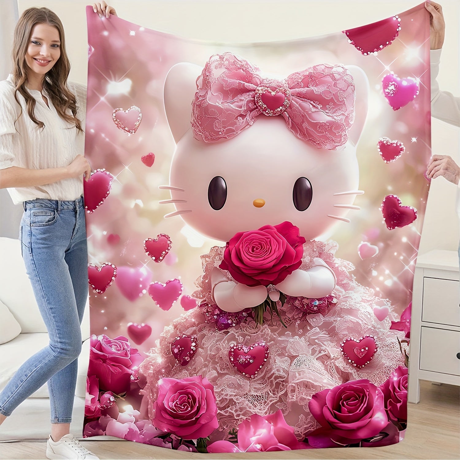 Hello Kitty Print Throw Blanket Soft Lightweight Couch Bed Travel Camping