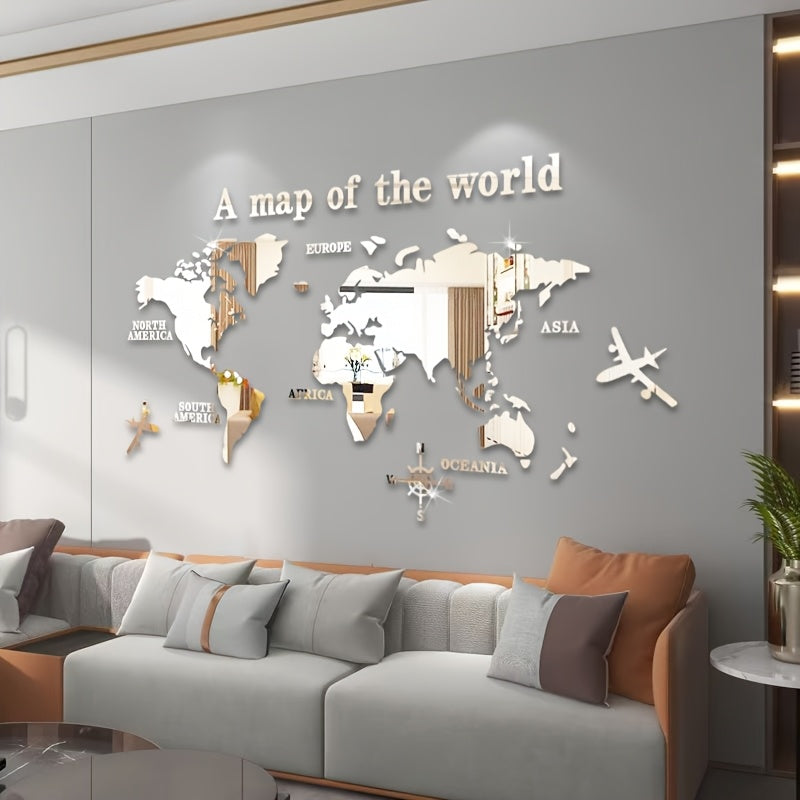 Bohemian Acrylic Wall Decor Map of the World with Airplane and Compass Rose 1mm Thick Adhesive Backing for Classroom Office Bedroom Living Room