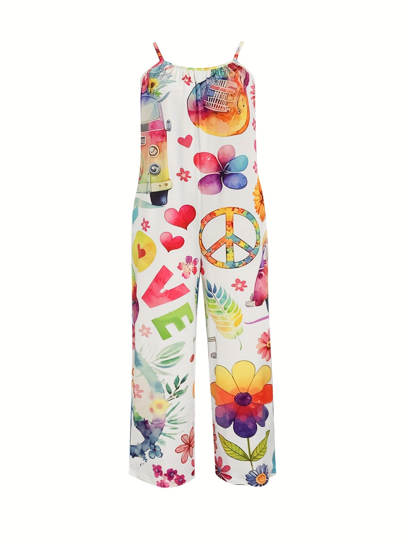 Women Plus Size Hippie Print Sleeveless Jumpsuit with Floral and Peace Sign Pattern