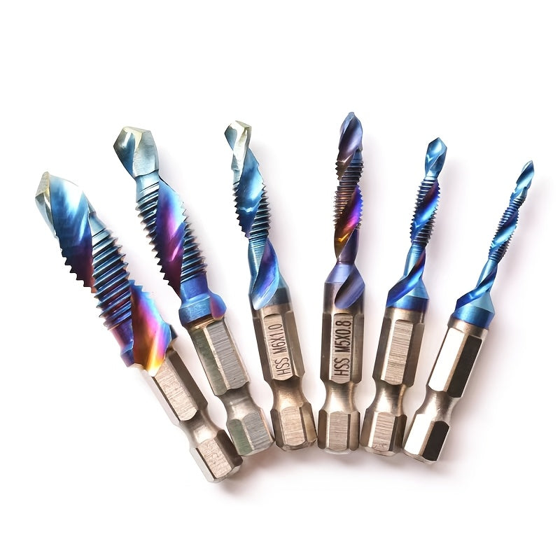 6-Piece Titanium Drill and Tap Bit Set 1/4 Inch Hex Shank M3-M10 High-Speed Steel