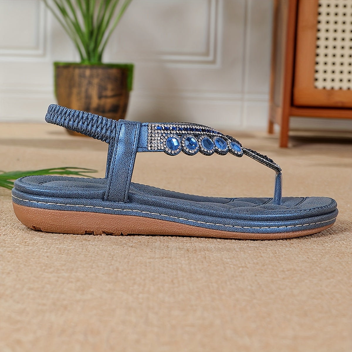 Women's Blue Embellished Open-Toe Flip-Flops for Summer Casual Wear