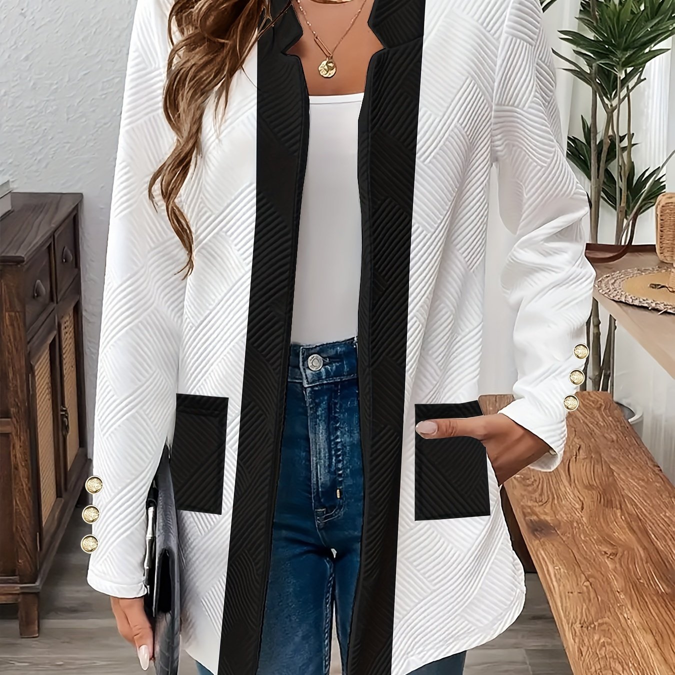 Women's Lightweight Blazer with Pockets Solid Color Geometric Texture Long Sleeve V-Neck