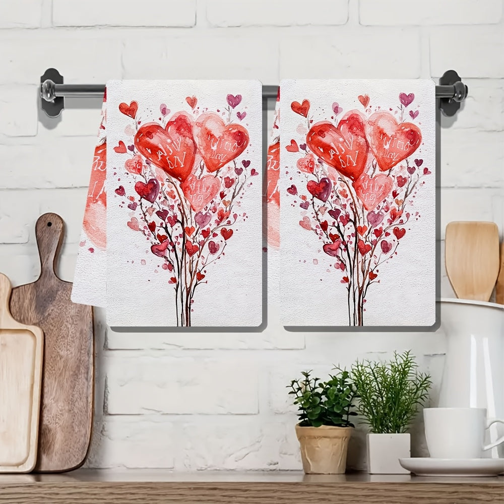 Set of 2 Valentine's Day Kitchen Towels Heart and Tulip Designs Super Absorbent 16x24 Inches