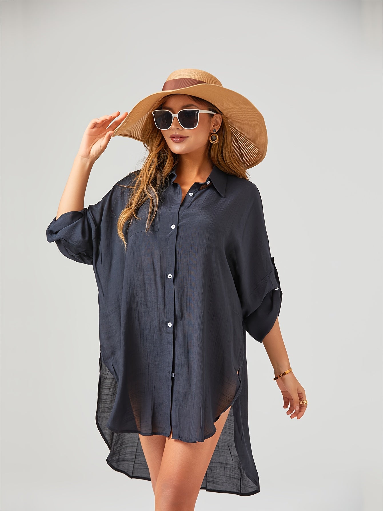 Women's Plus Size V-Neck Long Sleeve Sun Protective Beach Cover-Up