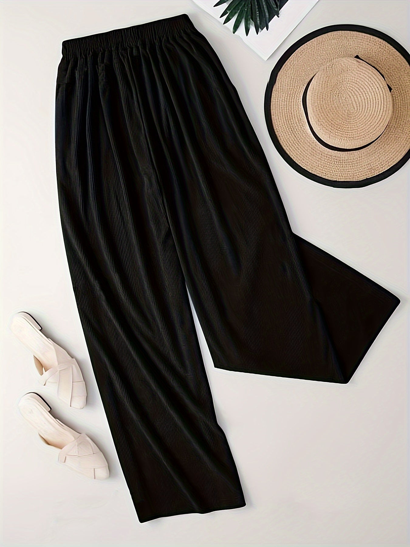 Plus Size Women's Pink Corduroy Wide-Leg Pants Elastic Waist Casual Semi-Formal