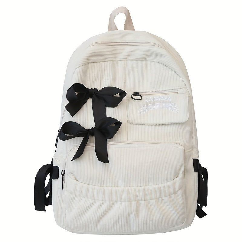 Ayollar uchun 1 dona korduroy bowknot ruksak, shirin uslub, chiziqli dizayn, sozlanadigan yelka tasmalari, noutbuk bo'limi, zip yopilishi, polyester astar, qo'l yuvish/quruq tozalash - Kundalik tasodifiy