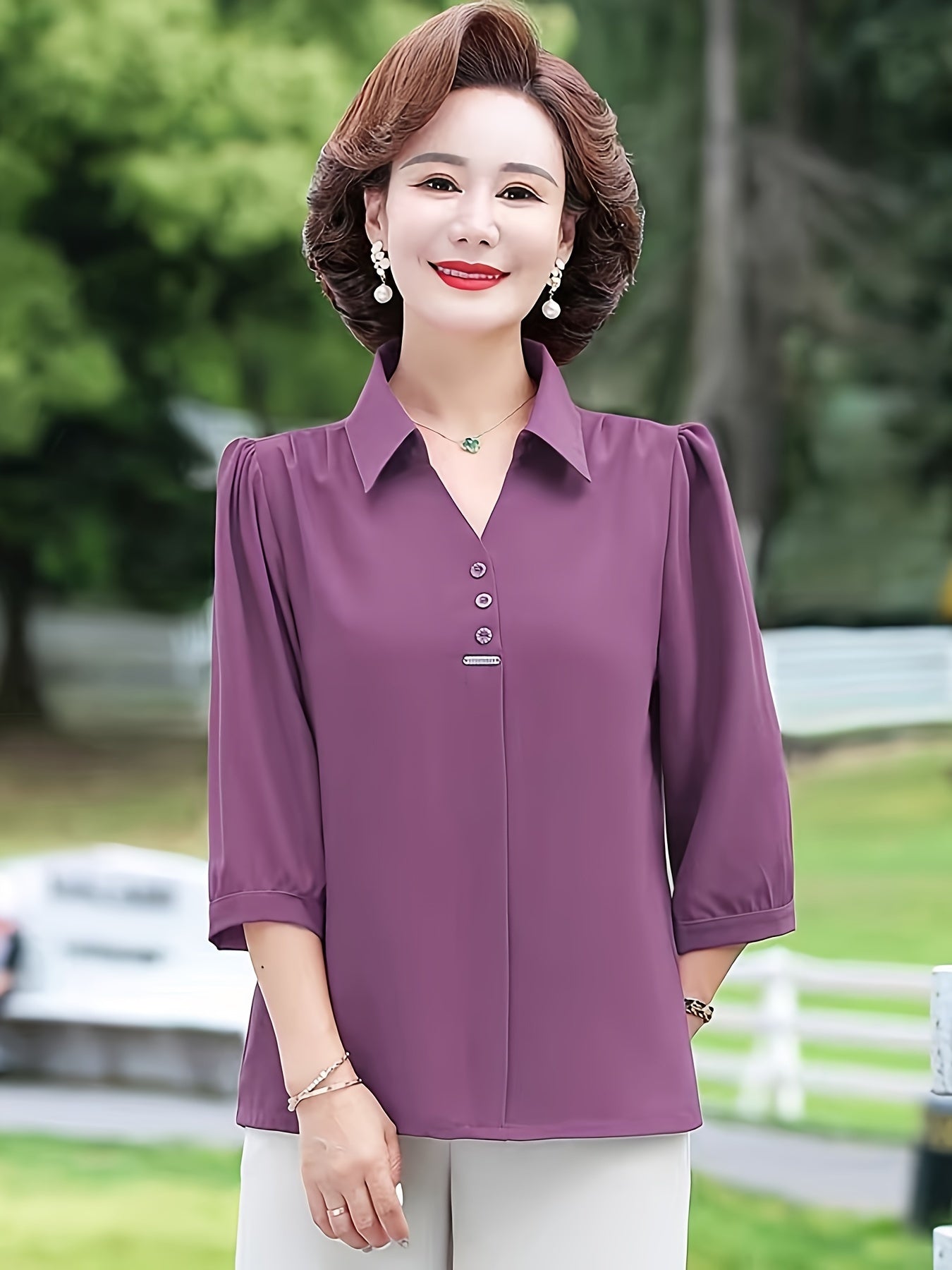 Women's Purple Chiffon Blouse with 3/4 Sleeves, Slim Fit, Decorative Buttons