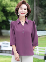 Women's Purple Chiffon Blouse with 3/4 Sleeves, Slim Fit, Decorative Buttons