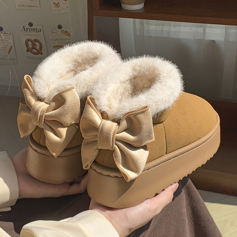 Women's Fleece-Lined Platform Slippers with Bow Indoor Shoes, EVA Sole