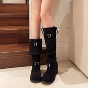Women's Black Over-the-Knee Riding Boots with Chunky Heel and Buckle Strap