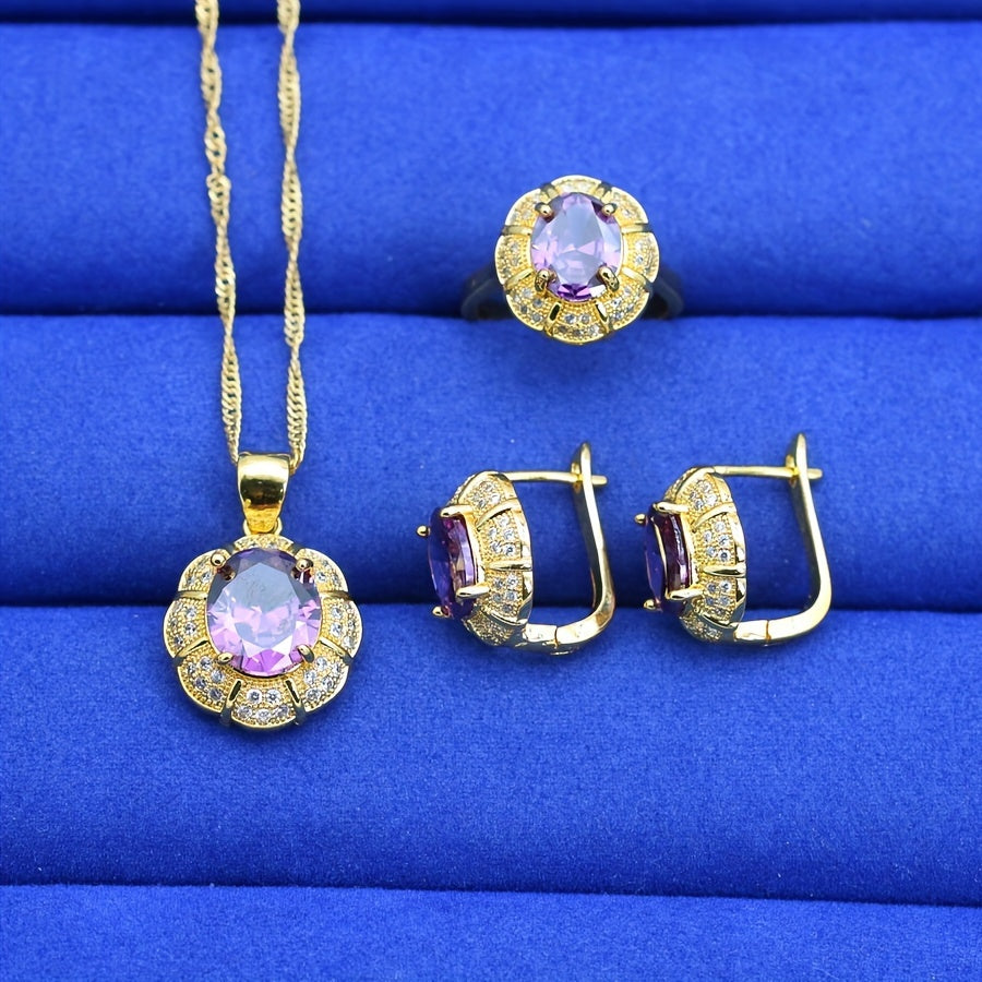 Purple Zirconia Jewelry Set for Women with Necklace Earrings Bracelet and Ring