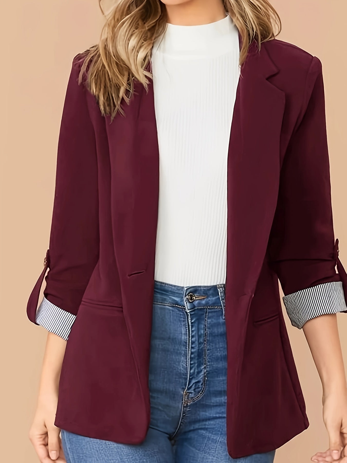 Blazer ajustado para mujer de manga larga con abertura frontal casual para otoño e invierno de poliéster