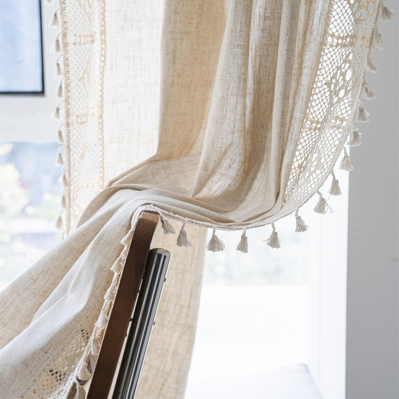 Linen Crochet Curtain with Tassels Semi-Sheer Rod Pocket Farmhouse Style for Living Room Bedroom Kitchen