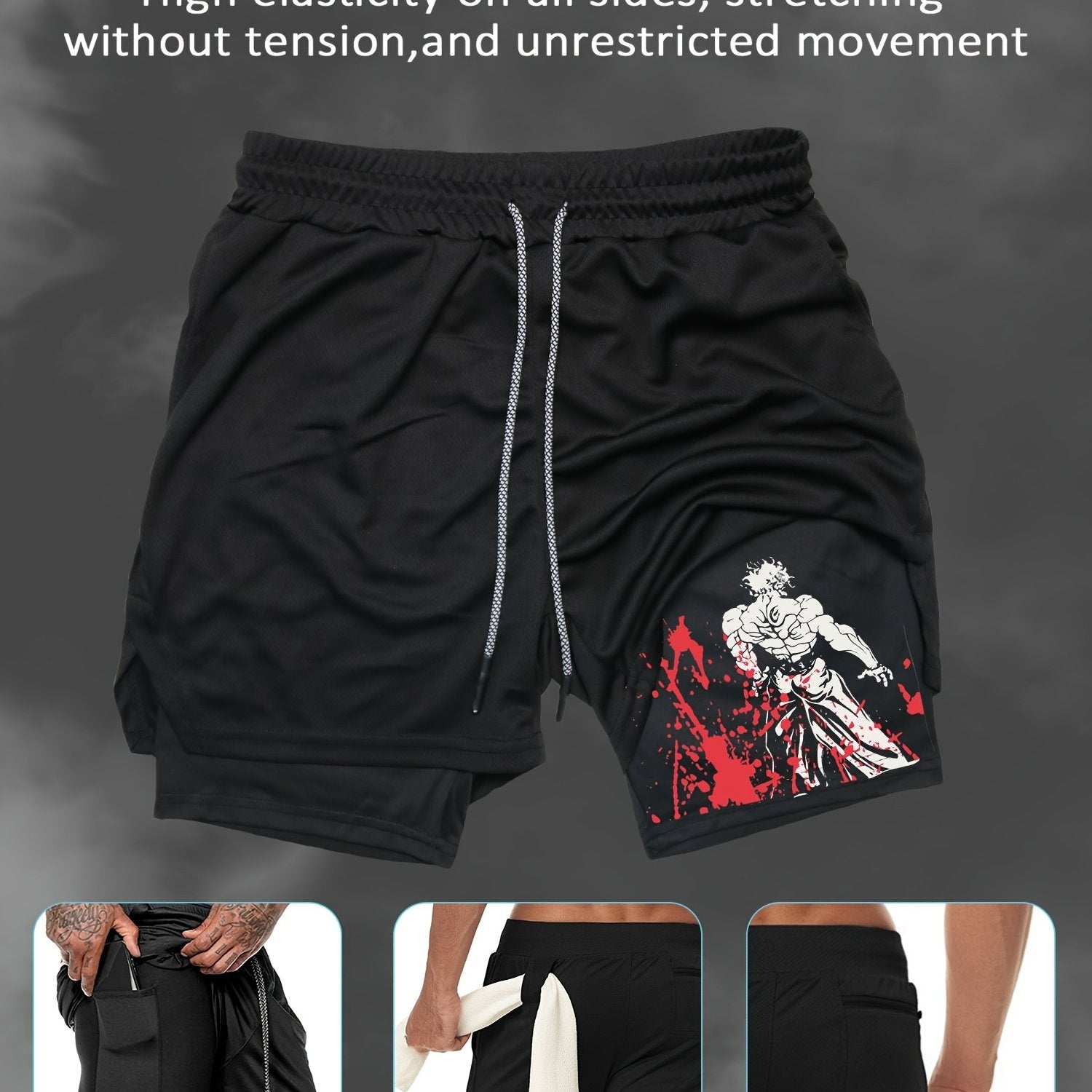 Men's Summer Print Dual-Layer Shorts Breathable Quick-Dry Pockets Casual Sports